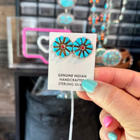 Blue Magnesite Turquoise & Red Cluster Stud Earrings