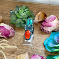 MJ Turquoise & Red Spiny Oyster Ring – Sterling Silver Adjustable Band