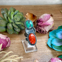 MJ Turquoise & Red Spiny Oyster Ring – Sterling Silver Adjustable Band