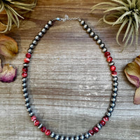 19 inch 8 mm Sterling Silver Pearls necklace with Red Spiny