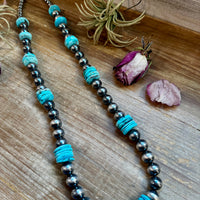 NFR Collection Necklace – 35 inch long 8mm & 14mm Sterling Silver Pearls with 20mm Turquoise Rondelle