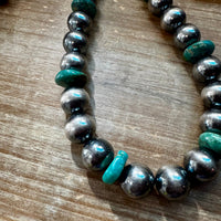 NFR Collection Necklace – 14mm Sterling Silver Pearls with 16mm Green Turquoise Rondelles – 28.5"