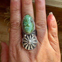 Green Turquoise Concho Ring – Size 9 – Navajo Handmade by Boyd Ashley