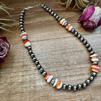 Spiny Oyster & Sterling Silver Pearl Necklace – 8mm – Handmade by The Bijoux FAB – 17.5"