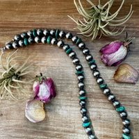 NFR Collection Necklace – 14mm Sterling Silver Pearls with 16mm Green Turquoise Rondelles – 28.5"