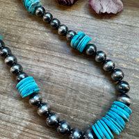 NFR Collection Necklace – 35 inch long 8mm & 14mm Sterling Silver Pearls with 20mm Turquoise Rondelle