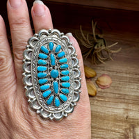 Kingman Turquoise Cluster Ring – Navajo Handmade by Jaz Wilson, Size 7.5