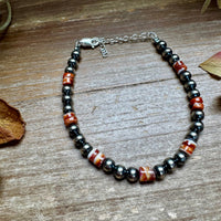 Sterling Silver Pearl Bracelet with Red-Orange Spiny Oyster Heishi