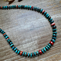 26” Dark Blue Rondelle Turquoise & Spiny Oyster Necklace