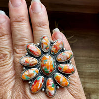 Mojave Spiny & Turquoise Flower Adjustable Ring – Sterling Silver, Made in USA