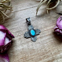 Zia Symbol Pendant with Golden Hill Turquoise – Sterling Silver – Native Made by KB