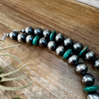 NFR Collection Necklace – 14mm Sterling Silver Pearls with 16mm Green Turquoise Rondelles – 28.5"