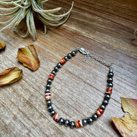 Sterling Silver Pearl Bracelet with Red-Orange Spiny Oyster Heishi
