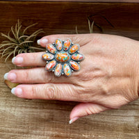 Mojave Spiny & Turquoise Flower Adjustable Ring – Sterling Silver, Made in USA