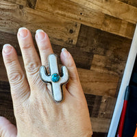 White Cactus Antler with turquoise Adjustable Ring