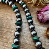 NFR Collection Necklace – 14mm Sterling Silver Pearls with 16mm Green Turquoise Rondelles – 28.5"