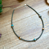 Kids necklace - 13” Turquoise & Spiny Oyster Necklace – 3–4mm Sterling Silver Pearls