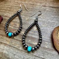 Smaller Sterling saucer Silver Pearls earrings teardrop - With Turquoise