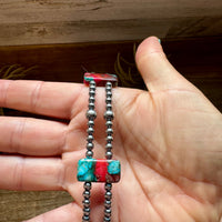 Pink/turquoise Double Strand Necklace – 13” Beaded – Sterling Silver Pearls & Rectangle Variscite