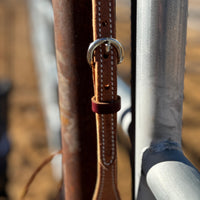 upclose of stainless steel buckle on roughout headstall