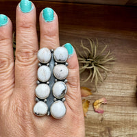 White Buffalo Turquoise Ring – 8-Stone Adjustable Long Statement Ring