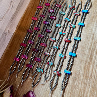 Pink/blue Double Strand Necklace – 13” Beaded – Sterling Silver Pearls & Rectangle Variscite