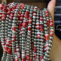 19 inch 8 mm Sterling Silver Pearls necklace with Red Spiny
