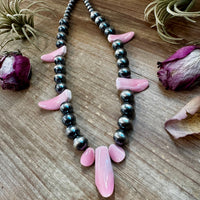 NFR Collection Necklace – 8mm & 14mm Sterling Silver Pearls with Pink Conch Shell – 23"