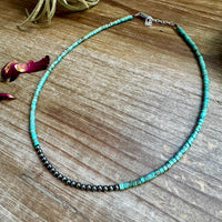 3 mm Sterling Silver Pearls choker with magnesite green turquoise heishi - western jewelry