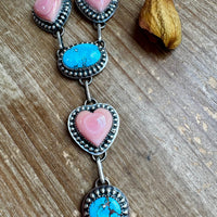 Lariat Necklace – Golden Hill Turquoise & Pink Conch Heart – 34” Adjustable Statement Piece