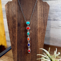 Sterling Silver Lariat Necklace – Native Made – Turquoise, Spiny, & Lapis Charms – One of a Kind