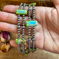 Green/Blue Double Strand Necklace – 13” Beaded – Sterling Silver Pearls & Rectangle Variscite Turquoise