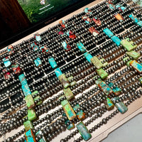 Orange/Turquoise Double Strand Necklace – 13” Beaded – Sterling Silver Pearls & Rectangle Variscite