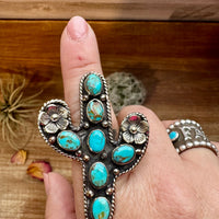 Blue Turquoise Cactus Ring with flower - Adjustable - Brass silver