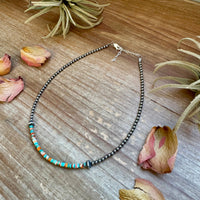 Sterling Silver Pearl Choker with Turquoise & Spiny Oyster Heishi