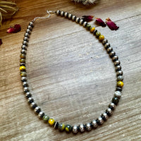 18 inch 8 mm Sterling Silver Pearls necklace and bumblebee jasper beads