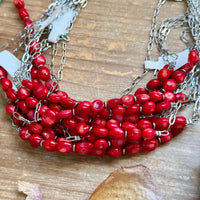 Silver-Plated Paperclip Chain Necklace with Dyed Coral & Hematite – 15”