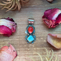 Red Spiny Oyster & Golden Hills Turquoise Sterling Silver Pendant – Stamped Gilbert Nez
