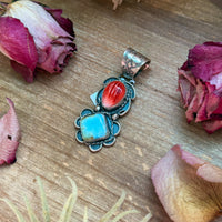 Red Spiny Oyster & Golden Hills Turquoise Sterling Silver Pendant – Stamped Gilbert Nez