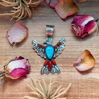 Thunderbird Pendant – Red Coral & Turquoise – Stamped Richard Yazzie