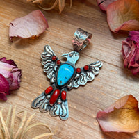 Thunderbird Pendant – Red Coral & Turquoise – Stamped Richard Yazzie