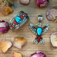 Thunderbird Pendant – Red Coral & Turquoise – Stamped Richard Yazzie