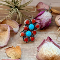Red Coral & Kingman Turquoise Sterling Silver Ring – Adjustable