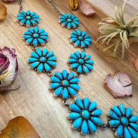 Sterling Silver Kingman Turquoise Flower Lariat Necklace – 25 Inch + 5½ Inch Drop – Native Made by A. Spencer – USA Made
