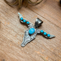 Sterling Silver Longhorn Pendant with Golden Hill Turquoise – Native Made by Leroy James (Navajo Artist)