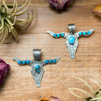 Sterling Silver Longhorn Pendant with Golden Hill Turquoise – Native Made by Leroy James (Navajo Artist)