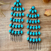 Sterling Silver Kingman Turquoise Dangle Earrings – 5 Inch Statement Design – Native Made by Geraldine James – Navajo Handmade