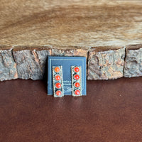 Silver vertical bar earrings set with red stones on a black card indicating native made leaning against wooden surface