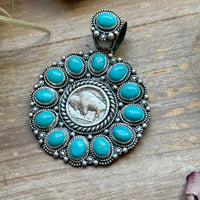 Sterling Silver Kingman Turquoise & Buffalo Nickel Cluster Pendant – Artist Shay Pfeiffer
