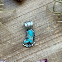 Sterling Silver Kingman Turquoise Cowboy Boot Pendant – Handmade by Artist Shay Pfeiffer